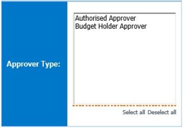 Screen showing options to select Approver Type: either Authorised Approver or Budget Holder Approver